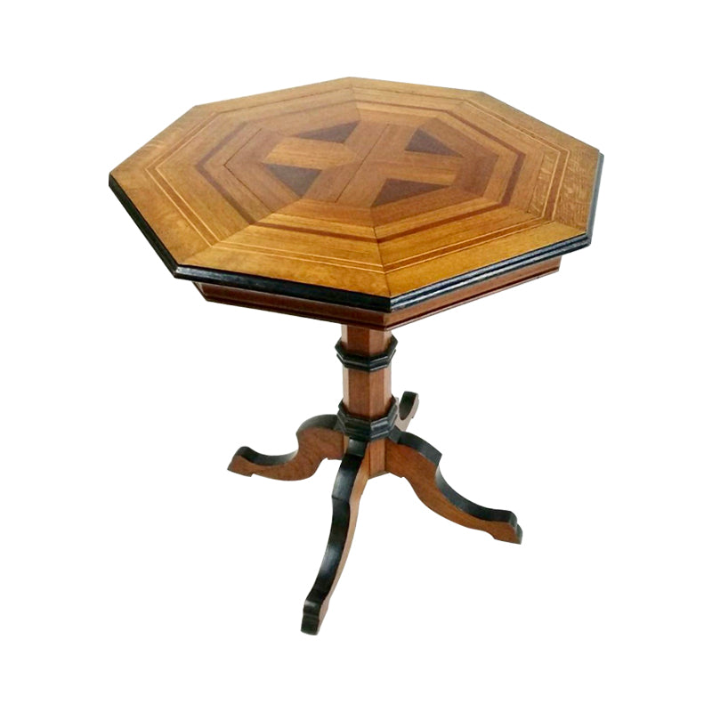Solid built in intricately arranged oak parquets and beautiful geometric turn legs, this Octogan table is definite eye-catcher.  France, 1890