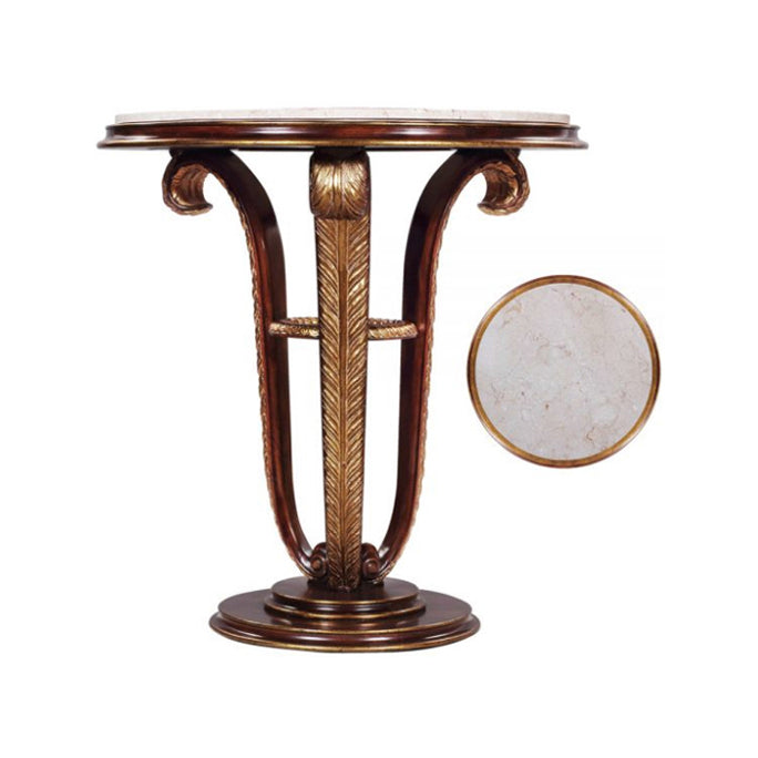 Side Table Plume – Cream Marble Top, Hand-Carved Mahogany with Feather Design