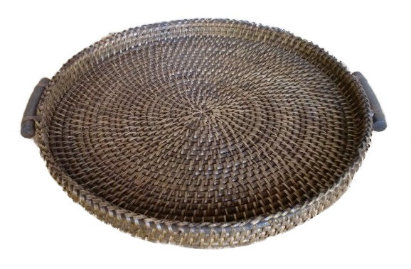 Round Hapao Tray Basket - Stain Brown or Natural Color, Rattan Handle