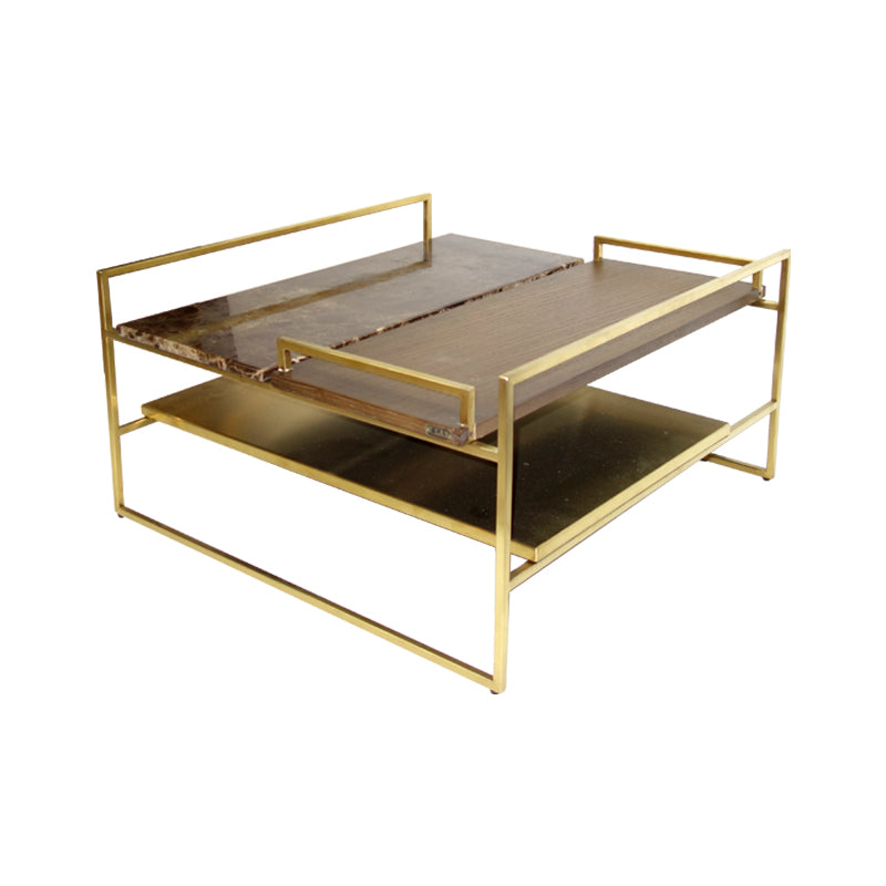 coffee table is a blend of functionality and forms,  wood, brass and marbles composition
