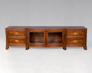 TV stand in flame mahogany, 4 drawers & 2 doors s provides ample  storage space , Middle glass shelves are for media units.  Fine characters include brass ribbon handles fluted legs, square filled with rosettes.