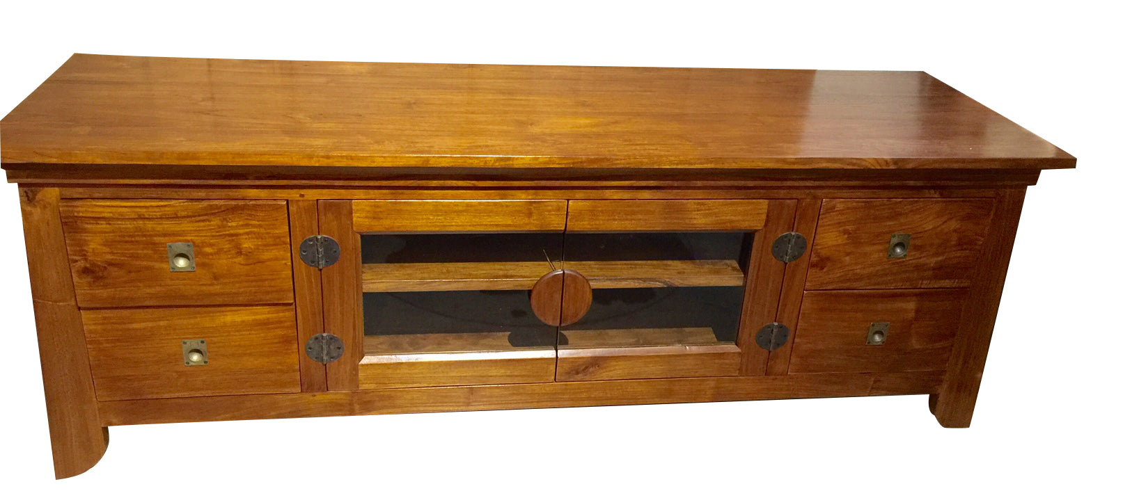 Oriental teak media unit is rich in character with  2 side doors and 4 center drawers. Lots of storage space to keep your media needs.