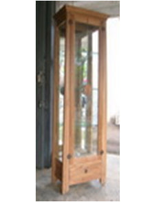 Oriental China Cabinet in natural Teak, it has one built in overhead spot light to showcase your treasured china wares and crystal glass in 4 ample shelves, plus a bottome drawers for other needs. Hardwares all in brass.