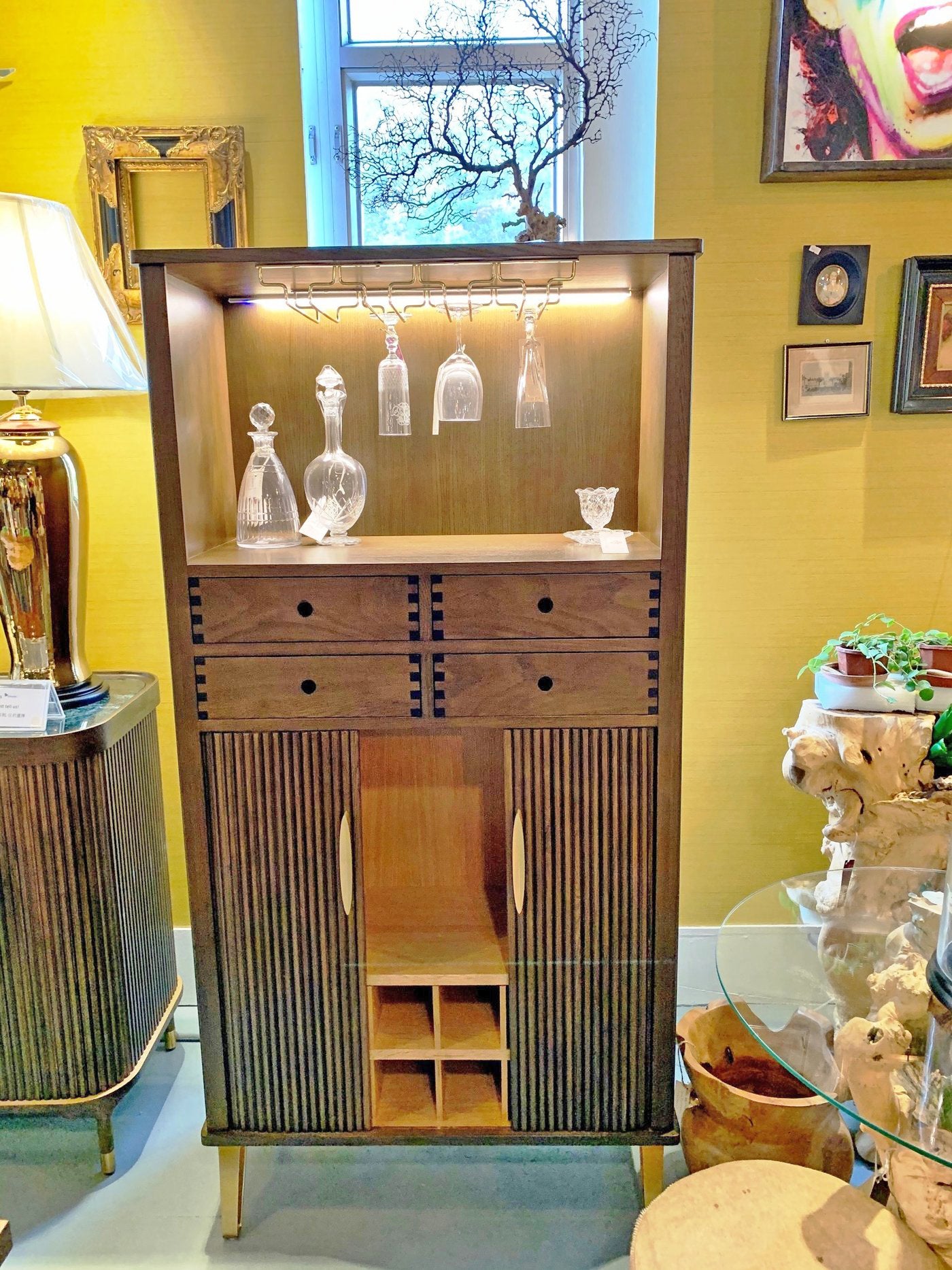 Noire Oak Wine Cabinet - Gliding Door, Drawers & Wine Glass Holders