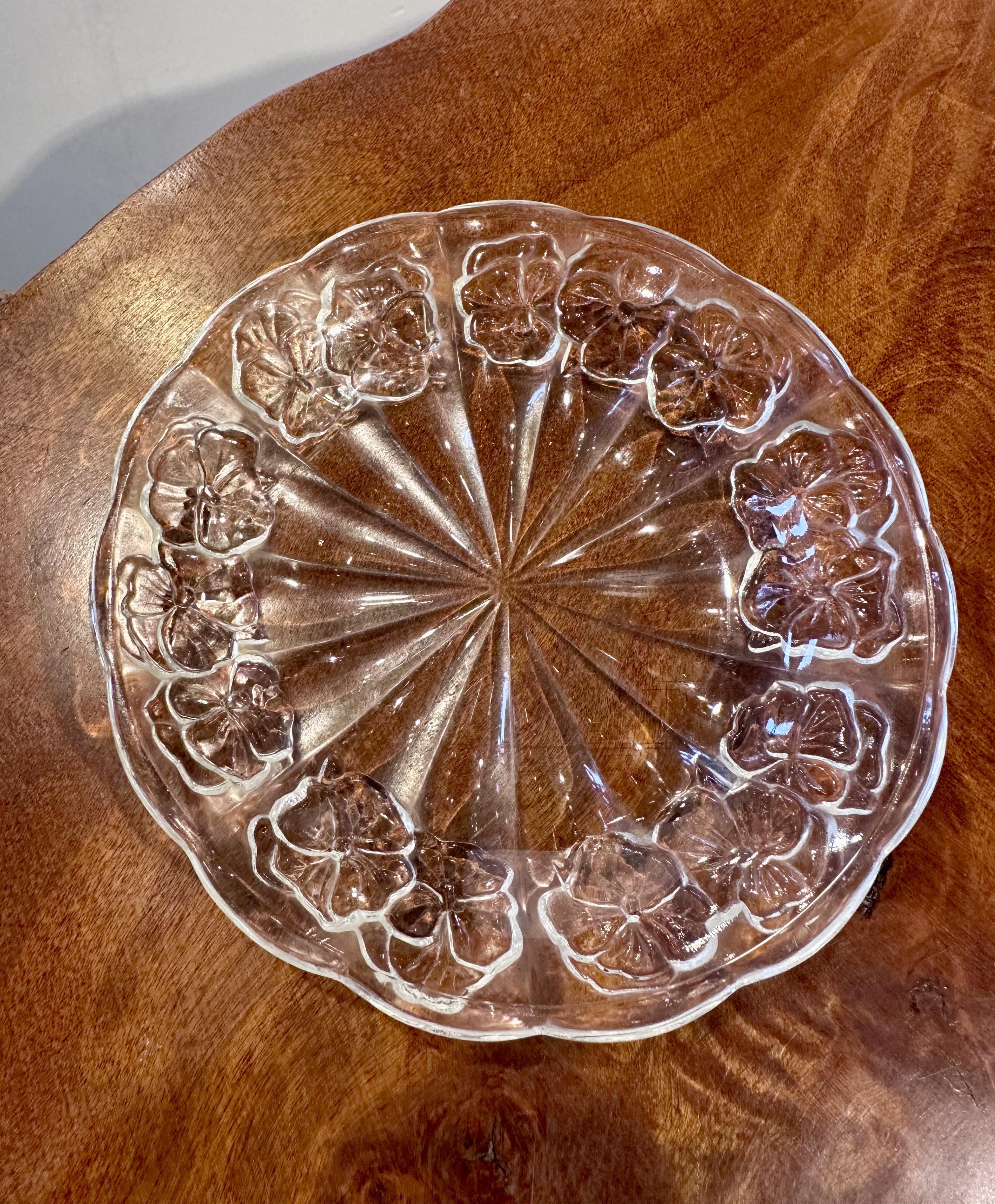 Japanese medieval transparent relief glass flower saucer