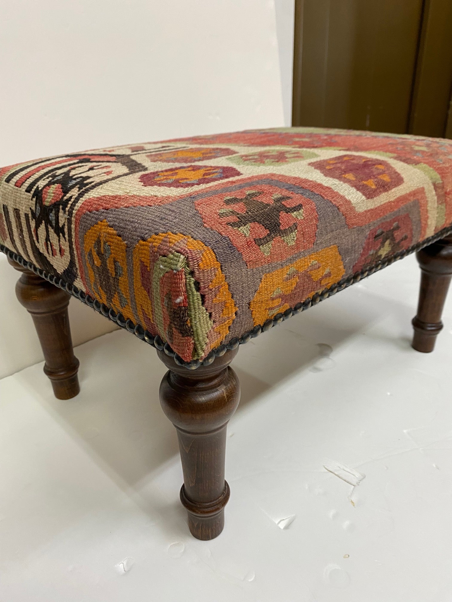 Tabouret Stool - Vintage Wool Tapestry Footstool, Low Height, France 1970