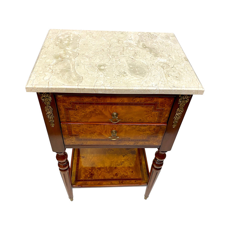 Kelly Side Table Burl, 2 Drawer, Cream Marble Top