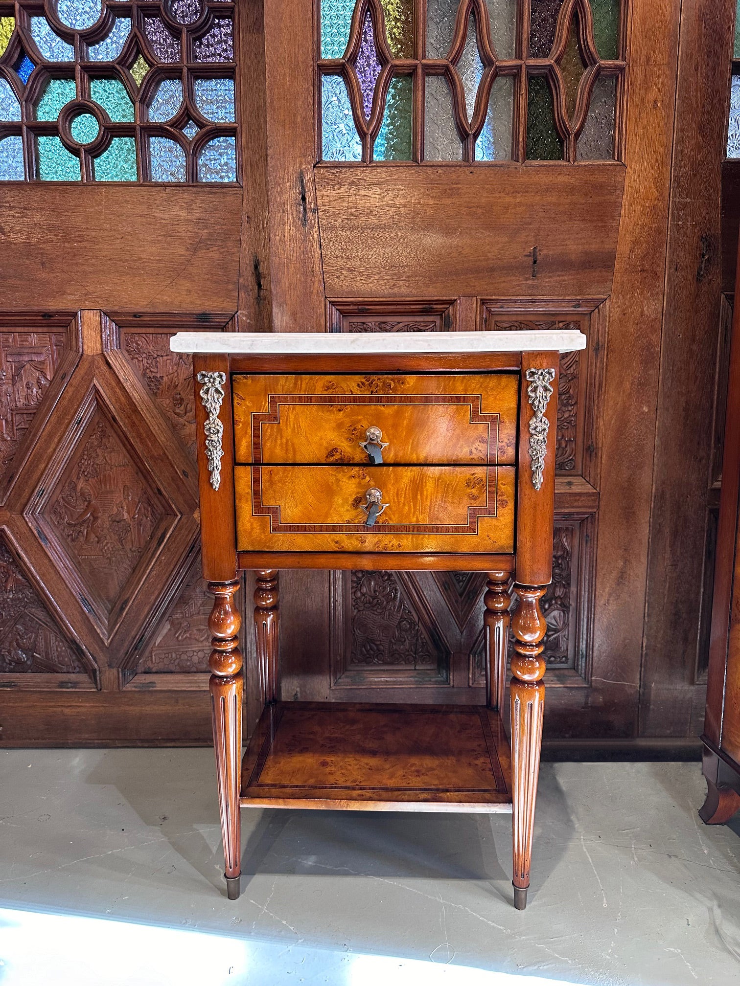 Kelly Side Table Burl, 2 Drawer, Cream Marble Top