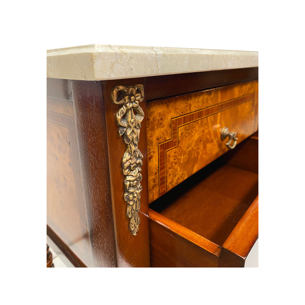 Kelly Side Table Burl, 2 Drawer, Cream Marble Top