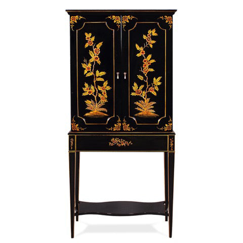 A smaller cabinet that also fits nicely in smaller apartments. Elegant flower decoration hand painted in chinoiserie style. Inside are 3 shelves. underneath is a drawer. French Classical Cabinet Furniture HK, Jansen Classical Furniture HK