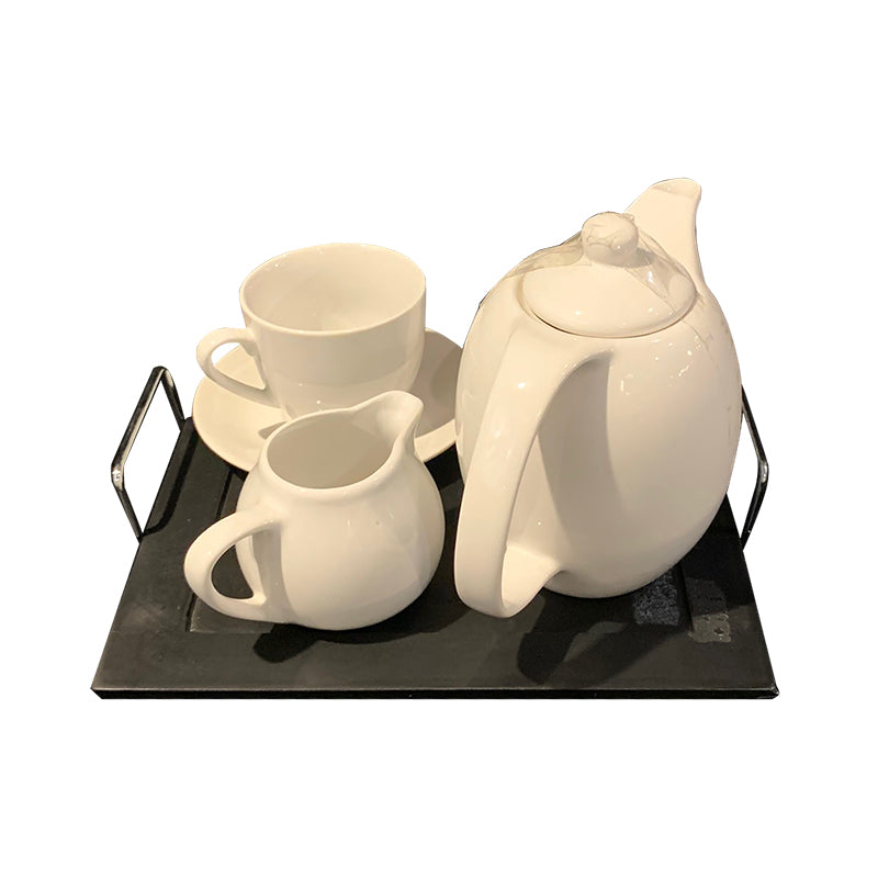 S/4 tea set eartheware white on wooden tray