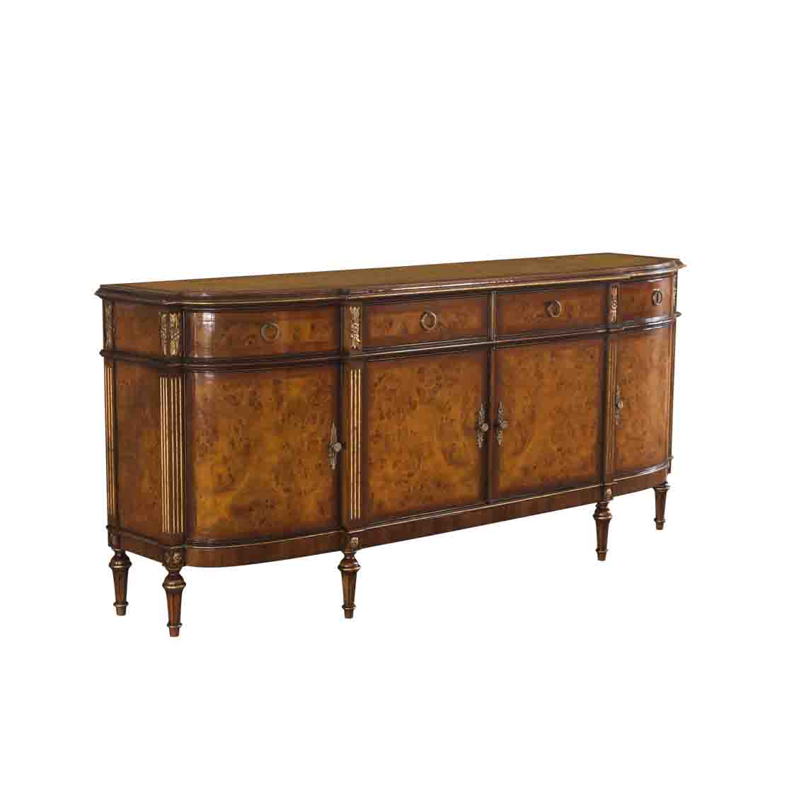Stunningly beautiful sideboard in Italian Mapa burl., inspired by  Louis XVI design, it shows acanthus leaves and  rosette square. Comes with 4 drawers and 4 doors for ample storage space.