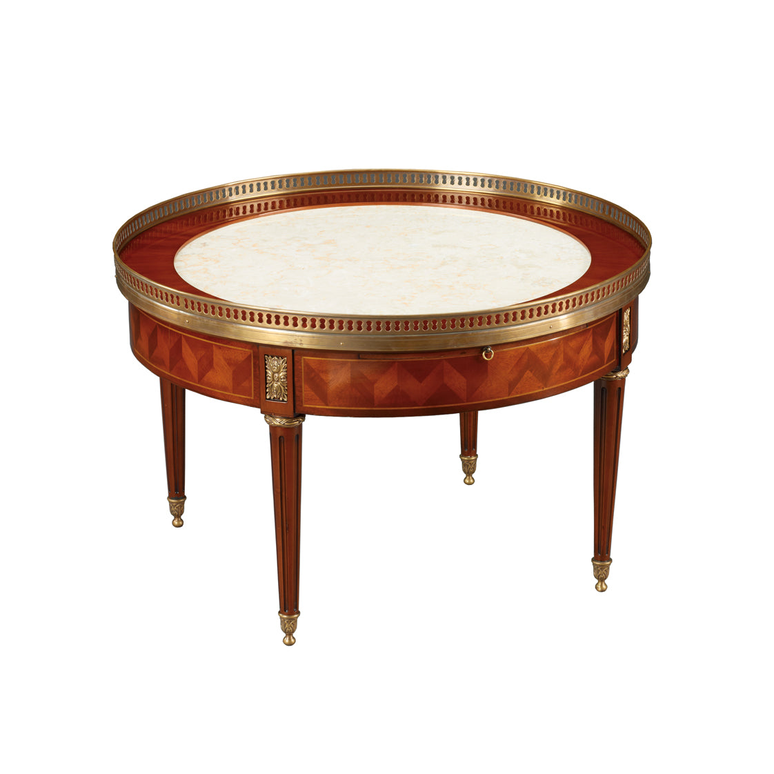 Louis XVI Parquetry Round Coffee Table features a pull out tray and marble top in brass trim edges.  Both top and legs are handcrafted and embellished in brass. French Coffee Table Furniture HK, Jansen Classical Furniture HK