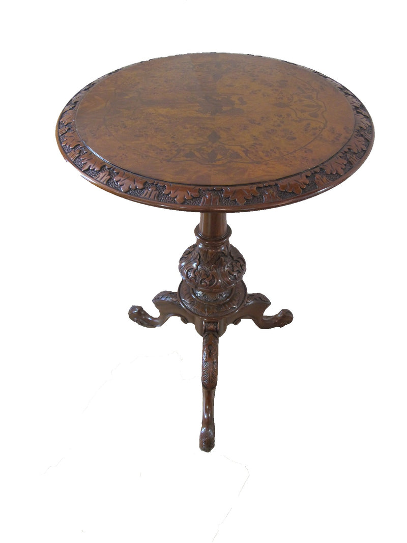 Beautiful  hand made inlaid  round Table features a horse man in a scenic setting, the tripod legs are intricately carved for extra details , made of mahogany & burl wood. French Side Table Furniture HK, Jansen Classical Furniture HK