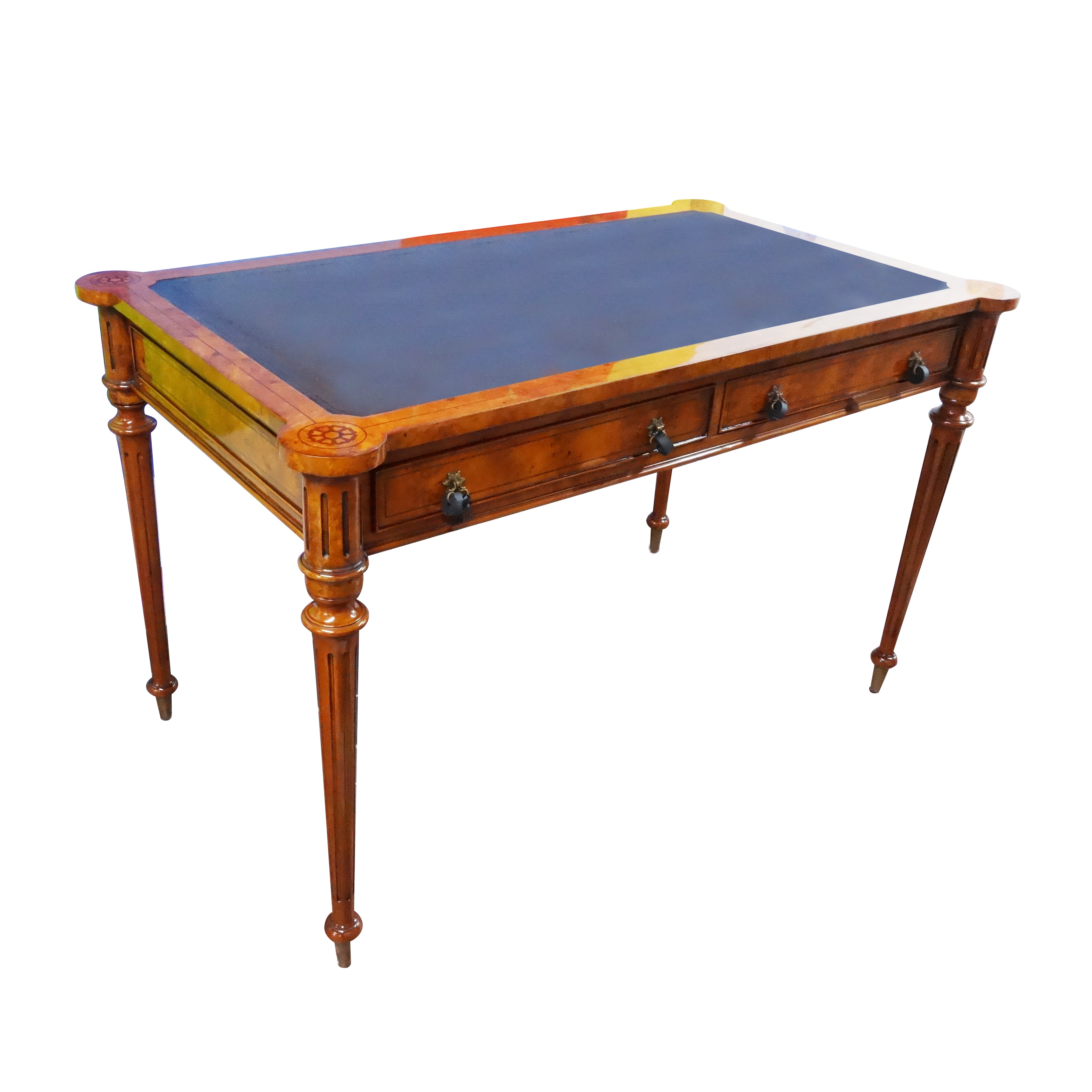Very popular and elegant writing table in solid mahogany and  burl veneer and  tool leather top .  Inlay on two drawers with brass pull. Desk legs feature intricate inlaid work on rounded corners and mounted brass cover the feet. 